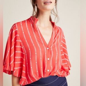 Maeve Coral Button-Front Ruffle Sleeve Blouse